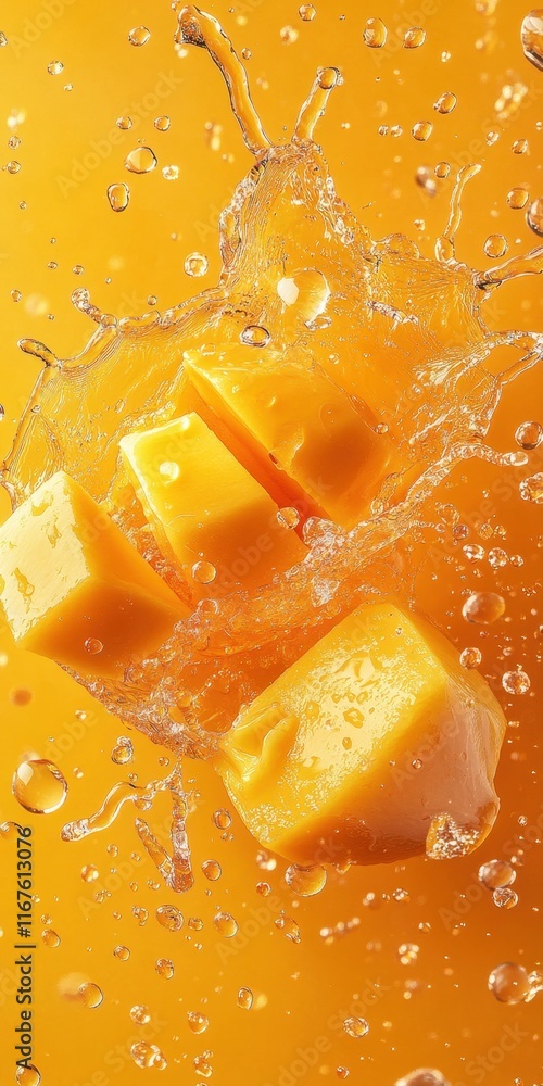 Poster cubes of yellow fruit splash into an orange liquid, creating dynamic patterns and droplets in this r
