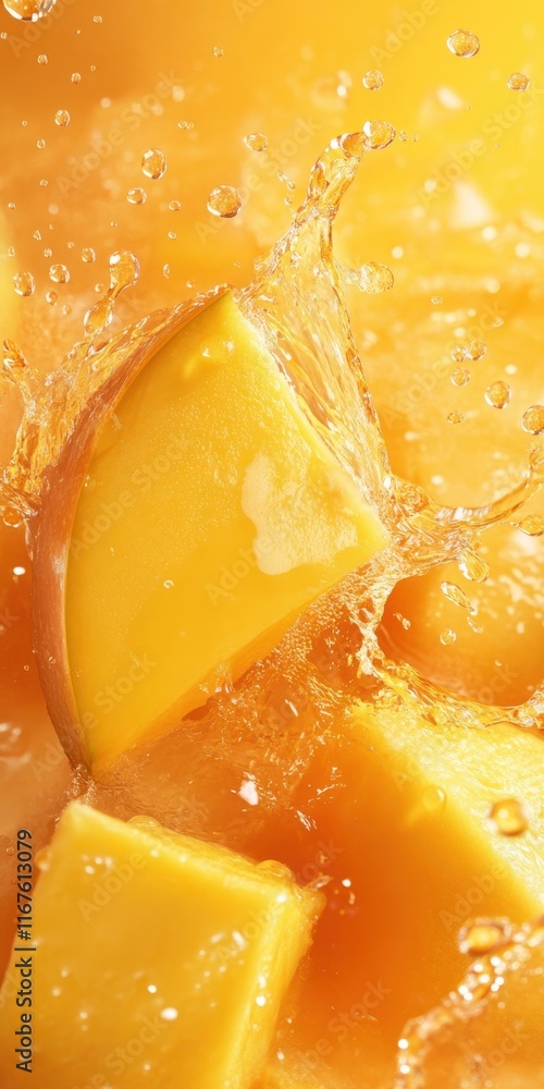 Poster mango pieces fall into a pool of bright yellow juice, creating droplets and an enticing scene that c