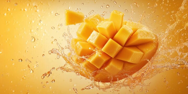Juicy mango cubes burst through the water, creating a dynamic splash that highlights the fruit's vibrant color and refreshing qualities