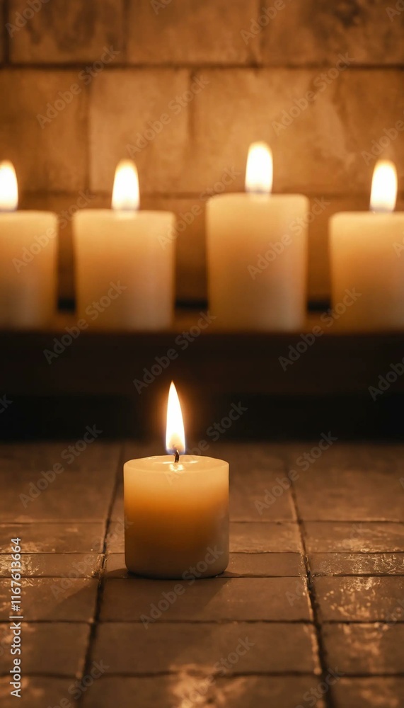 Poster single lit candle on tiled floor with row of unlit candles in background creating a serene and peace