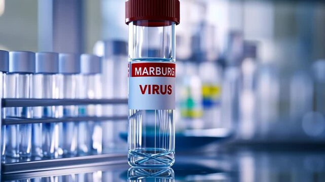 Specific Laboratory Sample of the Marburg Virus used in a Research Setting for Studies. Vial labeled Marburg Virus. Biosafety in infectious disease research. Glass ampoule on a Blue Background of Lab
