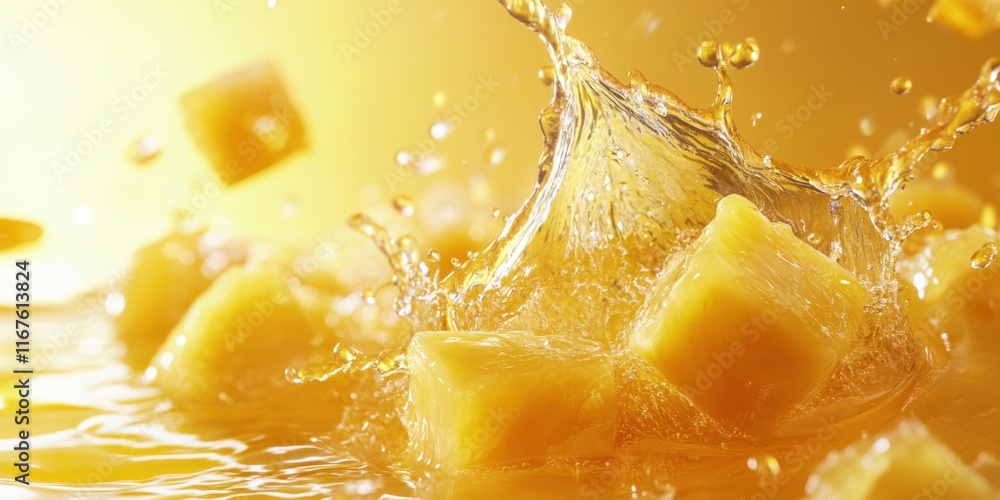 Poster mango cubes leap into a pool of orange juice, creating a dynamic splash that captures the essence of