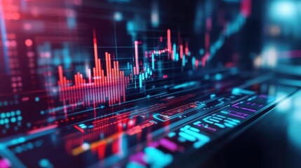 Close-up of a digital dashboard interface with glowing red and blue data charts and futuristic elements.