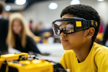 Young student engages in robotics activity with protective glasses in a vibrant workshop