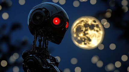 Fototapeta premium Nightly Sentinel: A Futuristic Robot Under the Full Moon