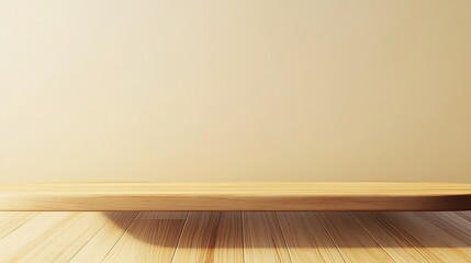 Wooden Shelf Against Beige Wall Background