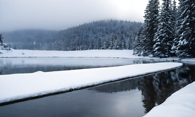 Thin layer of ice forming on a lake in the forest