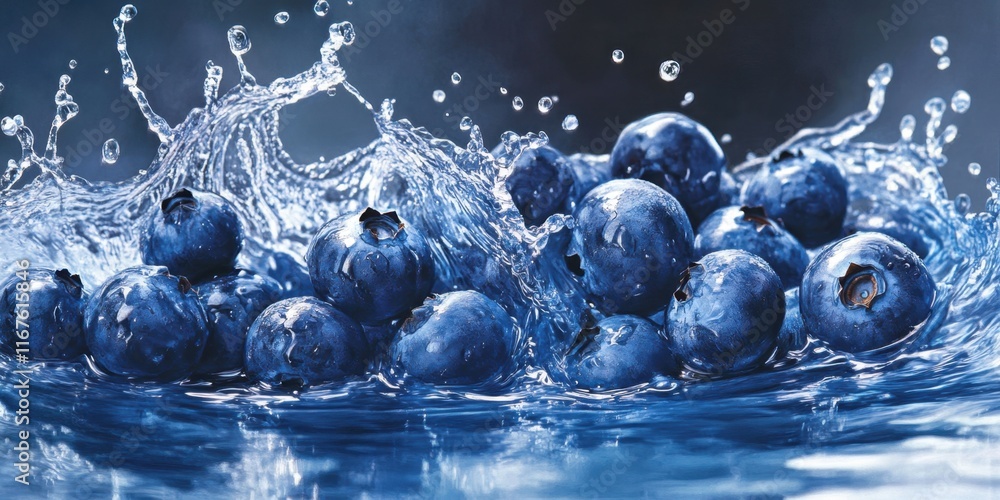 Poster blueberries tumble into clear water, sending splashes and creating a lively display of droplets. the