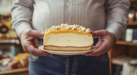 Fat man holding Sliced Cheesecake with Caramel Topping, Binge eating disorders concept
