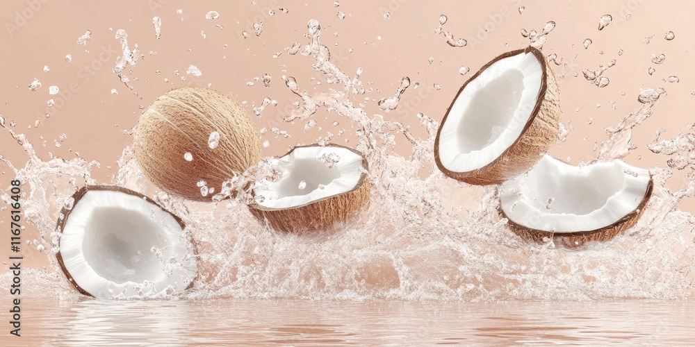 Aufkleber fresh coconuts burst into water, creating dynamic splashes. the scene showcases the contrast between