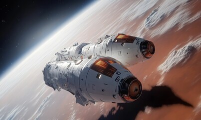 Two spacecraft orbit a reddish planet.