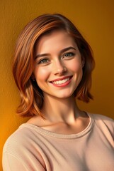 Fototapeta premium Portrait of a Smiling Young Woman against a Warm Yellow Background