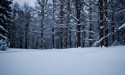 Fototapeta premium Snow covered field leading into a forest covered in snow