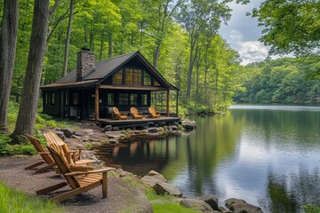 Rustic cabin by a serene lake surrounded by tall trees in a tranquil woodland setting
