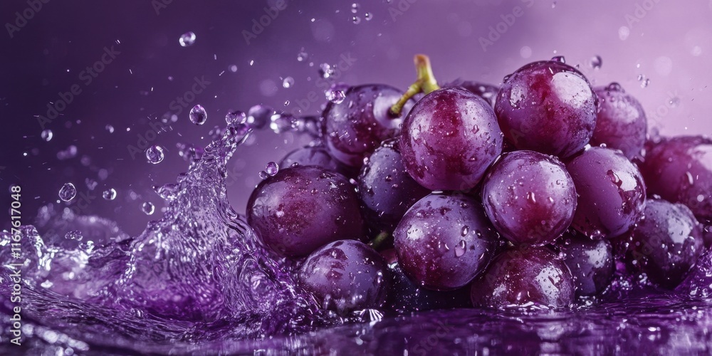 Poster a cluster of fresh purple grapes is splashed by water droplets, creating a refreshing scene that hig