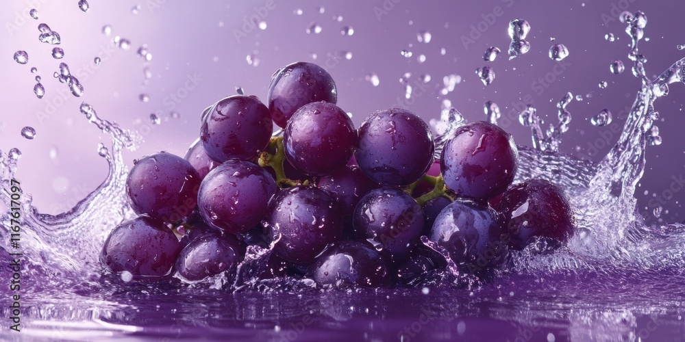 Poster a cluster of fresh grapes is immersed in water, causing droplets to scatter and create a dynamic spl