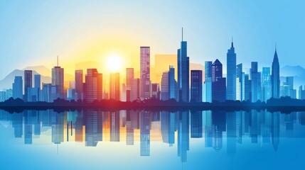 Obraz premium Serene Cityscape at Sunrise with Mountain Backdrop