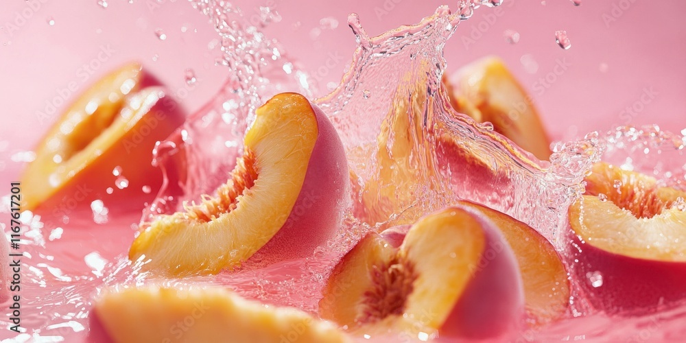 Poster bright peach slices scatter in water, creating splashes against a soft pink backdrop, showcasing fre