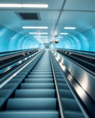 Futuristic Escalator in a Modern Subway Station with Soft Blue Lighting