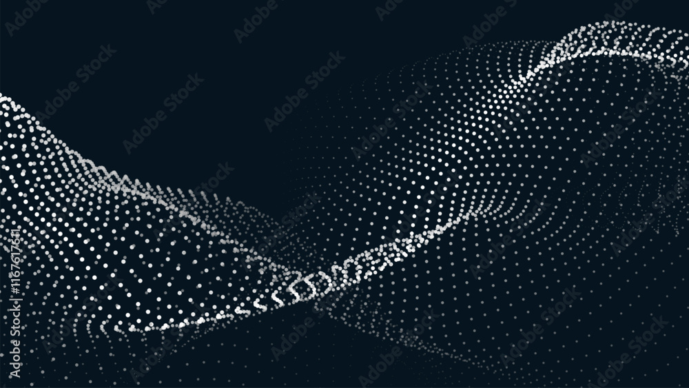 Poster wave of particles on dark background. technology backdrop. pattern for presentations. vector illustr