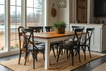 Dining room table with black chairs and lake view showing modern farmhouse style