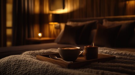 Cozy Night In: Warm Drink and Candlelight on a Bed