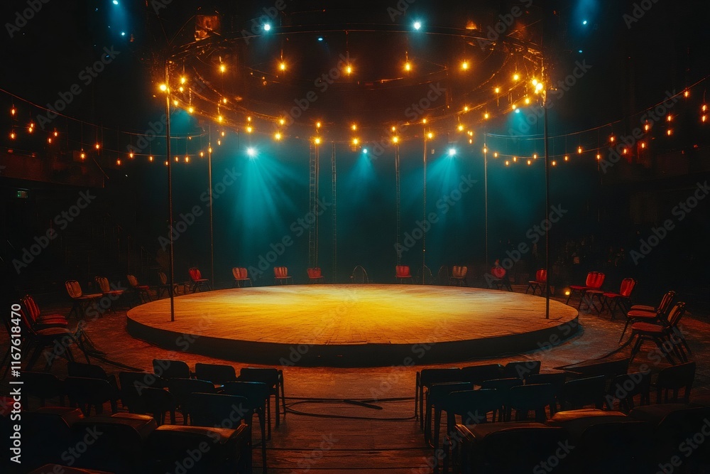 Aufkleber Empty round stage illuminated with spotlights and string lights awaiting performers