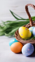 easter eggs in a basket with flowers