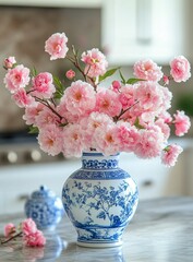 Elegant pink cherry blossoms in a blue and white vase on a marble countertop