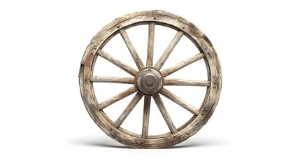 Fototapeta premium Old wooden wagon wheel, weathered wood, rustic, antique, spoked wheel, pioneer era, sepia tones, detailed craftsmanship, western decor, circular design, historical artifact, farm equipment, nostalgic