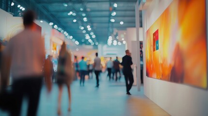 A vibrant art exhibition with people exploring colorful artworks in a spacious gallery.