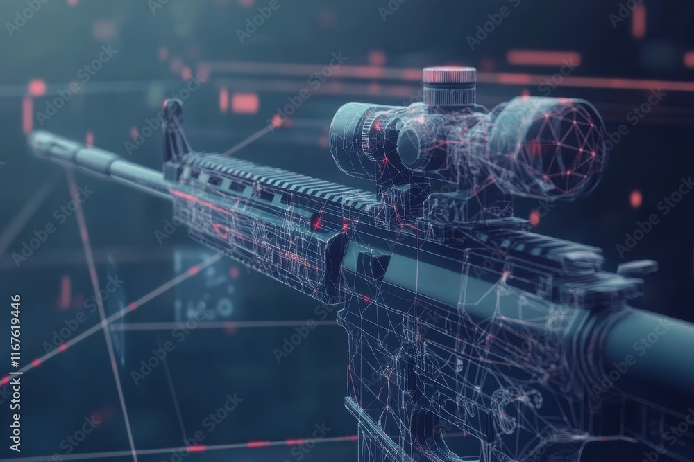 Poster futuristic design of a sniper rifle with advanced scope and digital interface elements