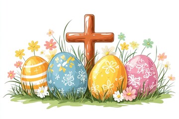 Easter eggs and christian cross celebrating resurrection of jesus christ