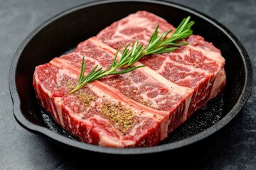 Freshly prepared cut of marbled beef served in cast iron skillet with herbs