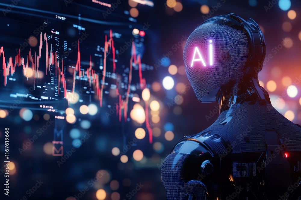 Aufkleber robot with ai head analyzing data in a futuristic digital environment at night