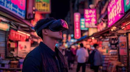 Obraz premium Immersive Night in Asia: A VR Journey Through Neon Streets