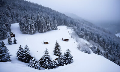Snow covered log cabins nestled in a pine forest during snowfall