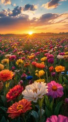Fototapeta premium Vibrant flower field blooms under a beautiful sunset in the countryside during spring season