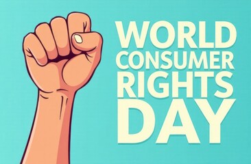illustration of raised fist with bold text reading world consumer rights day on blue background. concept of empowerment and social justice. awareness campaign, activism.