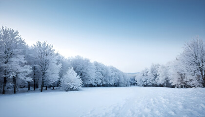 Snow covered trees lining a path through a snowy field