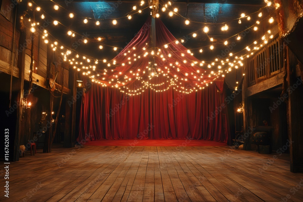 Poster empty vintage theater stage with red curtains and string lights illuminating wooden floor