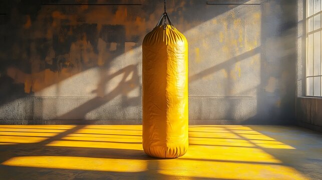 A yellow boxing bag is in a room with a yellow wall