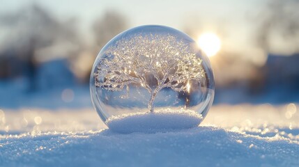 Crystal ball on snow showing winter tree at sunset.