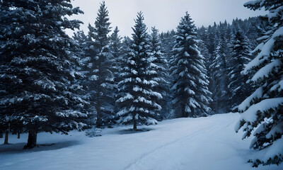 Naklejka premium Snow covered path winding through a pine forest