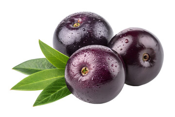 Fresh Acai Berries with Green Leaves - Close-up of fresh acai berries with water droplets, accompanied by green leaves, highlighting their glossy texture and vibrant color.
