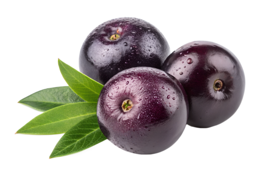 Fresh Acai Berries with Green Leaves - Close-up of fresh acai berries with water droplets, accompanied by green leaves, highlighting their glossy texture and vibrant color.
