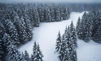 Snow covered winding path leading through a pine forest