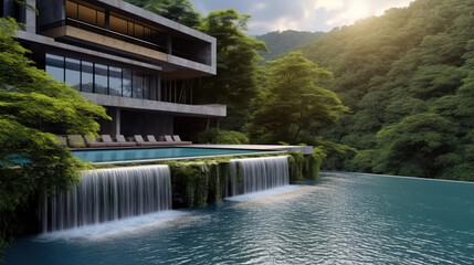 Modern Concrete Villa with Waterfall Pool in a Lush Forest