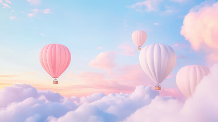 Fototapeta premium Dreamy hot air balloons floating above soft clouds in pastel sky