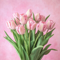 Romantic bouquet of pink tulips on pink background. Mock up for Valentine's Day, 8th of March, and spring promotions. Minimalist floral design ideal for cards, ads, holidays.Generative ai